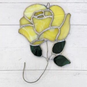 Vintage Stained Glass Rose Suncatcher Yellow Flower Green Leaves Handcrafted 6"